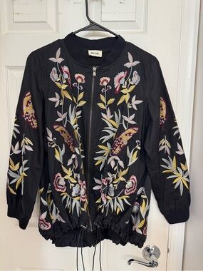 Blair Black Embroidered Floral & Butterfly Bomber Jacket Size Medium
